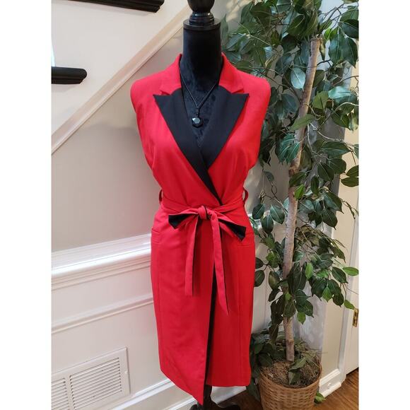 Vintage Calvin Klein Wrap Dress Large Black Red Stretch Tie Waist Notch Lapel - Picture 1 of 16